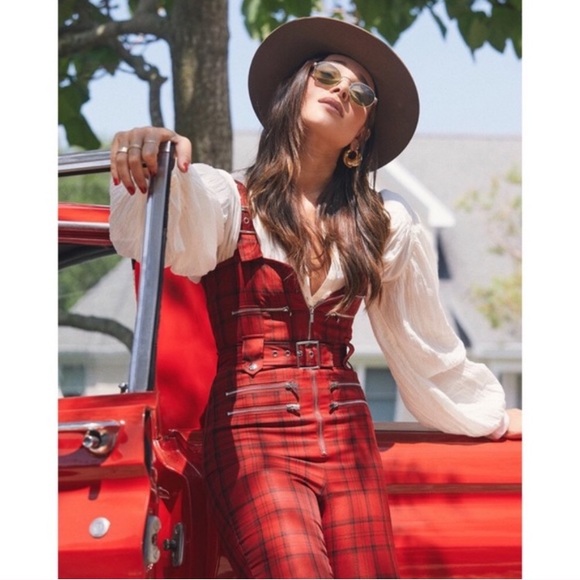 WeWoreWhat Moto Overalls in Red Plaid - Picture 2 of 16